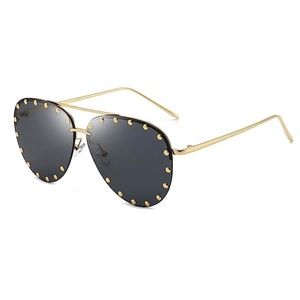 Gold Frame Black Oversized Studded Aviator Women Trendy Fashion Sunglasses